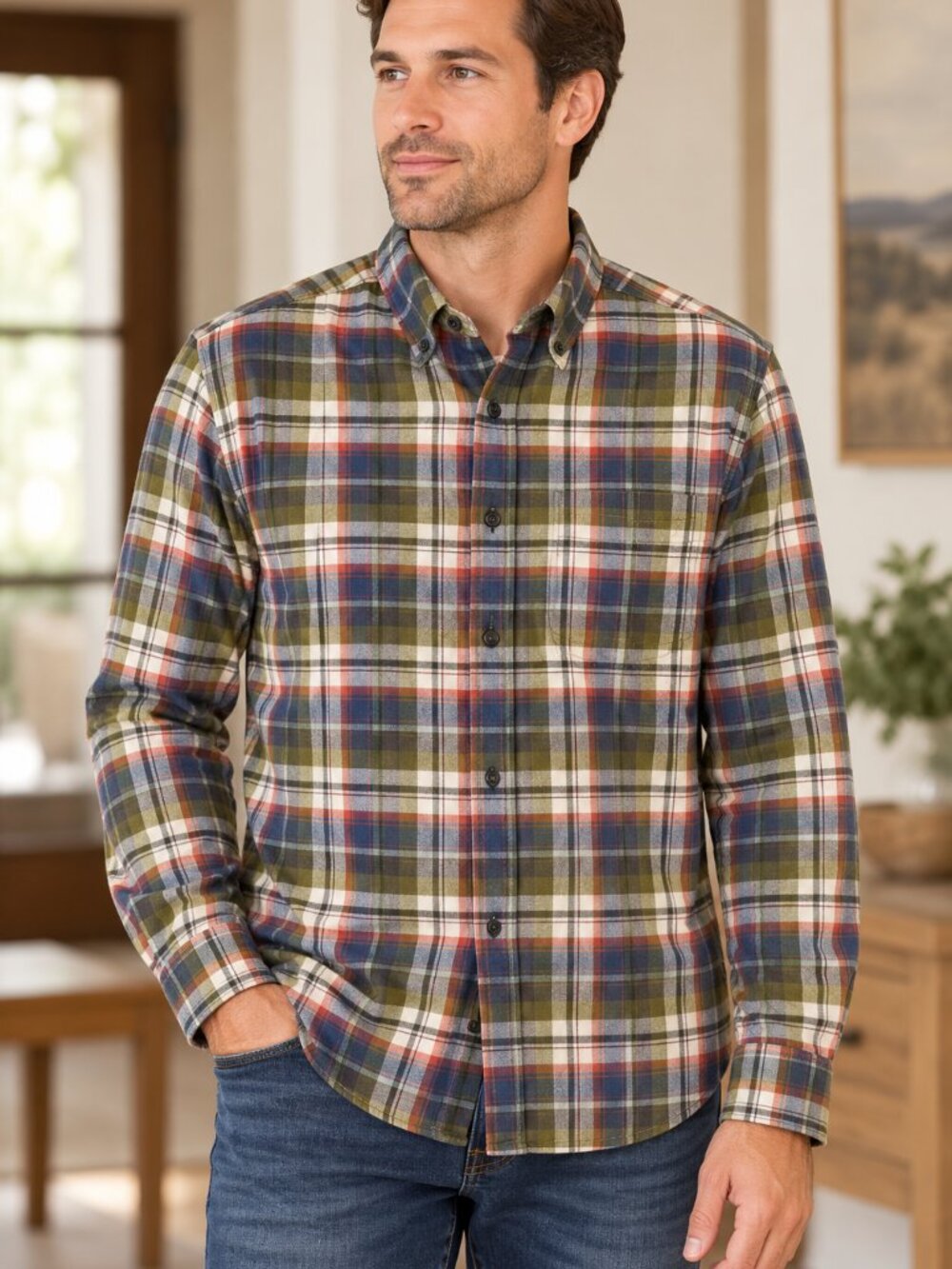 NWT Eddie Bauer Men's S Field Flannel Plaid Button Down Shirt Green Blue Cotton